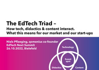 Niels Pflaeging, qomenius co-founder
EdTech Next Summit
26.10.2022, Bielefeld
Technology
Didactics Content
Sweet
spot
The EdTech Triad –
How tech, didactics & content interact.
What this means for our market and our start-ups
 