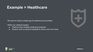 #MDBlocal
Example > Healthcare
We want to build a mobile app for patients and providers.
Within our medical system:
● Patients have multiple medical procedures
● Doctors work at several hospitals & clinics, and vice versa
 