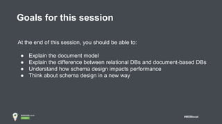 #MDBlocal
Goals for this session
At the end of this session, you should be able to:
● Explain the document model
● Explain the difference between relational DBs and document-based DBs
● Understand how schema design impacts performance
● Think about schema design in a new way
 