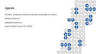 Agenda
Contexto - tendências, indústria & mercado (computação em nuvem)
Modelos de Nuvens
Agilidade & Autonomia
Nuvem: Estaleiro Paas e ICS (XaaS)
 