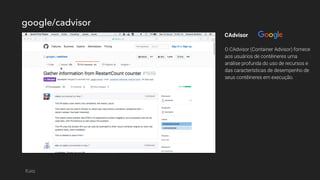 google/cadvisor
O CAdvisor (Container Advisor) fornece
aos usuários de contêineres uma
análise profunda do uso de recursos e
das características de desempenho de
seus contêineres em execução.
CAdvisor
Katz
 