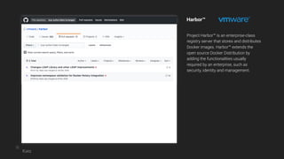 Harbor™
Project Harbor™ is an enterprise-class
registry server that stores and distributes
Docker images. Harbor™ extends the
open source Docker Distribution by
adding the functionalities usually
required by an enterprise, such as
security, identity and management.
Katz
 