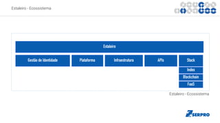 Estaleiro - Ecossistema
Estaleiro
Gestão de Identidade InfraestruturaPlataforma APIs Stack
Estaleiro - Ecossistema
Index
Blockchain
FaaS
 