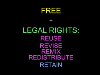Credit: Nicole Allen, SPARC / See www.opencontent.org for full definition
• Make and own copiesRetain
• Use in a wide range of waysReuse
• Adapt, modify, and improveRevise
• Combine two or moreRemix
• Share with othersRedistribute
The$5Rs$
 