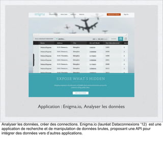 Application : Enigma.io, Analyser les données

Analyser les données, créer des connections. Enigma.io (lauréat Dataconnexions ‘12) est une
application de recherche et de manipulation de données brutes, proposant une API pour
intégrer des données vers d’autres applications.

 