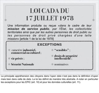 LOI CADA DU
17 JUILLET 1978
Une information produite ou reçue «dans le cadre de leur
mission de service public, par l'État, les collectivités
territoriales ainsi que par les autres personnes de droit public ou
les personnes de droit privé chargées d'une telle
mission» [article 1 de la loi de 1978]

EXCEPTIONS
caractère industriel,
commercial ou culturel ;

“sensibles” ;

vie privée ;

droits de propriété
intellectuelle ;

Sécurité Nationale

nominatives

La principale appréhension des citoyens dans l’open data n’est pas dans la définition d’open
mais bien dans celle de data. La loi les définit de manière très abstraite. A noter en particulier
les exceptions pour les EPIC (art. 10) et pour les données culturelles (art. 11).

 