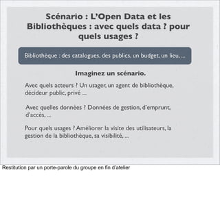 Scénario : L’Open Data et les
Bibliothèques : avec quels data ? pour
quels usages ?
Bibliothèque : des catalogues, des publics, un budget, un lieu, ...
Imaginez un scénario.
Avec quels acteurs ? Un usager, un agent de bibliothèque,
décideur public, privé ...
Avec quelles données ? Données de gestion, d’emprunt,
d’accès, ...
Pour quels usages ? Améliorer la visite des utilisateurs, la
gestion de la bibliothèque, sa visibilité, ...

Restitution par un porte-parole du groupe en fin d’atelier

 