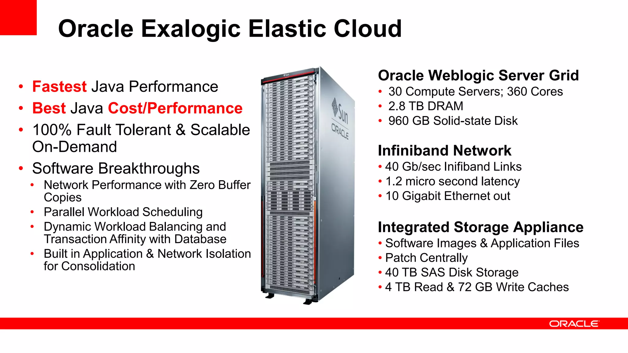 Oracle Exalogic Elastic Cloud
Oracle Weblogic Server Grid
• 30 Compute Servers; 360 Cores
• 2.8 TB DRAM
• 960 GB Solid-state Disk
Infiniband Network
• 40 Gb/sec Inifiband Links
• 1.2 micro second latency
• 10 Gigabit Ethernet out
Integrated Storage Appliance
• Software Images & Application Files
• Patch Centrally
• 40 TB SAS Disk Storage
• 4 TB Read & 72 GB Write Caches
• Fastest Java Performance
• Best Java Cost/Performance
• 100% Fault Tolerant & Scalable
On-Demand
• Software Breakthroughs
• Network Performance with Zero Buffer
Copies
• Parallel Workload Scheduling
• Dynamic Workload Balancing and
Transaction Affinity with Database
• Built in Application & Network Isolation
for Consolidation
 