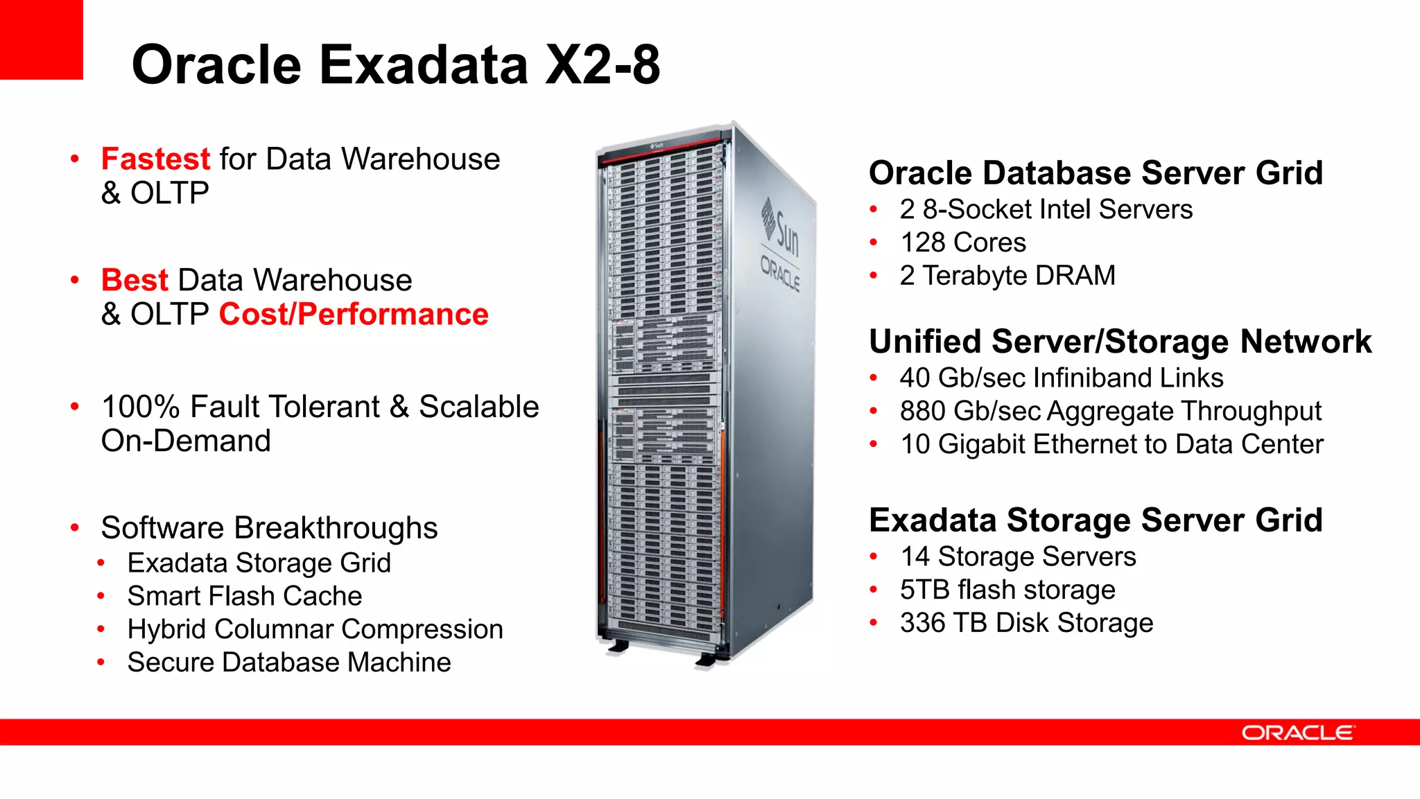 Oracle Exadata X2-8
Oracle Database Server Grid
• 2 8-Socket Intel Servers
• 128 Cores
• 2 Terabyte DRAM
Exadata Storage Server Grid
• 14 Storage Servers
• 5TB flash storage
• 336 TB Disk Storage
• Fastest for Data Warehouse
& OLTP
• Best Data Warehouse
& OLTP Cost/Performance
• 100% Fault Tolerant & Scalable
On-Demand
• Software Breakthroughs
• Exadata Storage Grid
• Smart Flash Cache
• Hybrid Columnar Compression
• Secure Database Machine
Unified Server/Storage Network
• 40 Gb/sec Infiniband Links
• 880 Gb/sec Aggregate Throughput
• 10 Gigabit Ethernet to Data Center
 