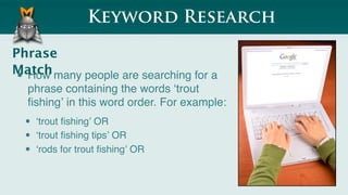 Keyword Research

Phrase
Match many people are searching for a
• How
    phrase containing the words ʻtrout
    ﬁshingʼ in this word order. For example:
    •   ʻtrout ﬁshingʼ OR
    •   ʻtrout ﬁshing tipsʼ OR
    •   ʻrods for trout ﬁshingʼ OR
 