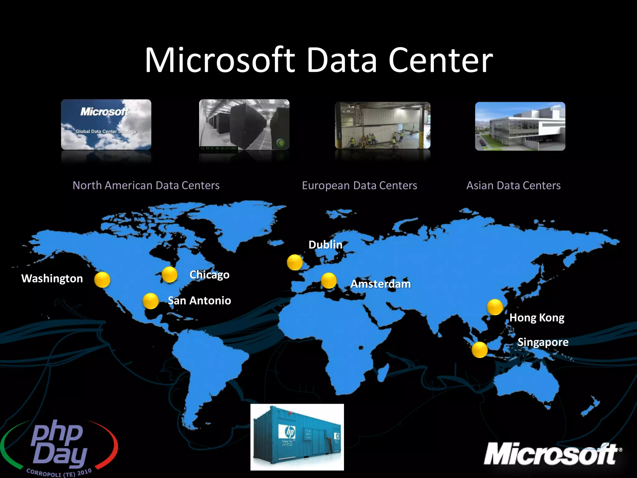 Microsoft Data Center
             Vision              Go Inside             Containers    Energy Efficient




        North American Data Centers          European Data Centers   Asian Data Centers



                                              Dublin

Washington                   Chicago
                                                       Amsterdam
                         San Antonio
                                                                             Hong Kong
                                                                              Singapore
 
