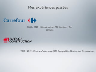 Mes expériences passées



       2008 - 2010 : Hôte de caisse, CDI étudiant, 12h /
                           Semaine




2010 - 2012 : Contrat d’alternance, BTS Comptabilité Gestion des Organisations
 