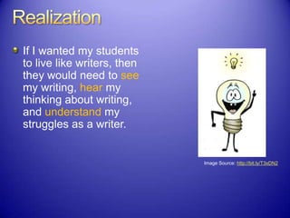 If I wanted my students
to live like writers, then
they would need to see
my writing, hear my
thinking about writing,
and understand my
struggles as a writer.
Image Source: http://bit.ly/T3xDN2
 