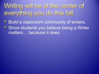 Build a classroom community of writers.
Show students you believe being a Writer
matters… because it does.
 