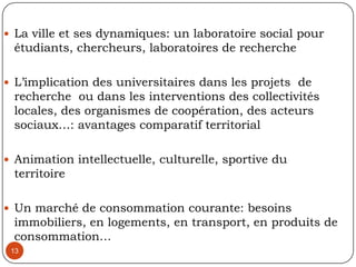 Les Activités Citoyennes de l’UCAD (ACU)10Objectifs promouvoir le civisme et le sens du service communautaire chez les étudiantsfaciliter l’accès à certains services aux communautés défavoriséesActivités d’appui au développement  depuis 2000: Reboisement, Santé, Alphabétisation, Informatique2005 à 2009: 168 apprenants alphabétisés, 151 plants, 5382 patients consultés