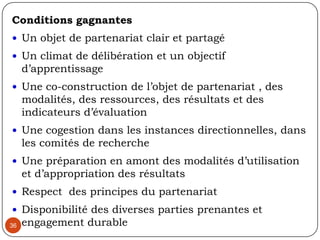 33Tendance à la victimisation des communautés et à prendre part de facto pour les groupes sociaux marginalisésFaiblesse rigueur méthodologique, neutralité, objectivité, distance par rapport à l’action, engagement militant du chercheurDegré de généralisation des résultats  de recherche Connaissance légitime, socialement reconnue/ connaissance scientifiquement éprouvéeRisque d’un double assujettissement:celui des chercheurs à l’agenda  des partenaires/ bailleurs Celui des acteurs de la communauté à l’agenda des chercheurs