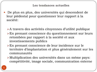 Les tendances actuelles De plus en plus, des universités qui descendent de leur piédestal pour questionner leur rapport à la société:A travers des activités citoyennes d’utilité publique 