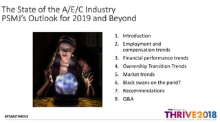 #PSMJTHRIVE
The State of the A/E/C Industry
PSMJ’s Outlook for 2019 and Beyond
1. Introduction
2. Employment and
compensation trends
3. Financial performance trends
4. Ownership Transition Trends
5. Market trends
6. Black swans on the pond?
7. Recommendations
8. Q&A
 