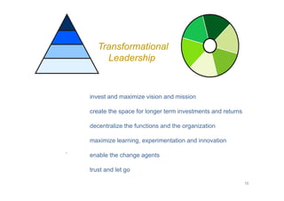 Transformational
         Leadership


    invest and maximize vision and mission

    create the space for longer term investments and returns

    decentralize the functions and the organization

    maximize learning, experimentation and innovation

`   enable the change agents

    trust and let go

                                                               16
 