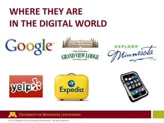 WHERE THEY ARE
IN THE DIGITAL WORLD

© 2012 Regents of the University of Minnesota. All rights reserved.

 