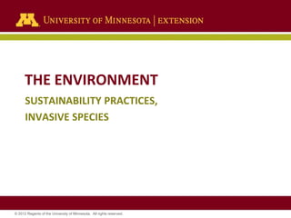THE ENVIRONMENT
SUSTAINABILITY PRACTICES,
INVASIVE SPECIES

© 2012 Regents of the University of Minnesota. All rights reserved.

 