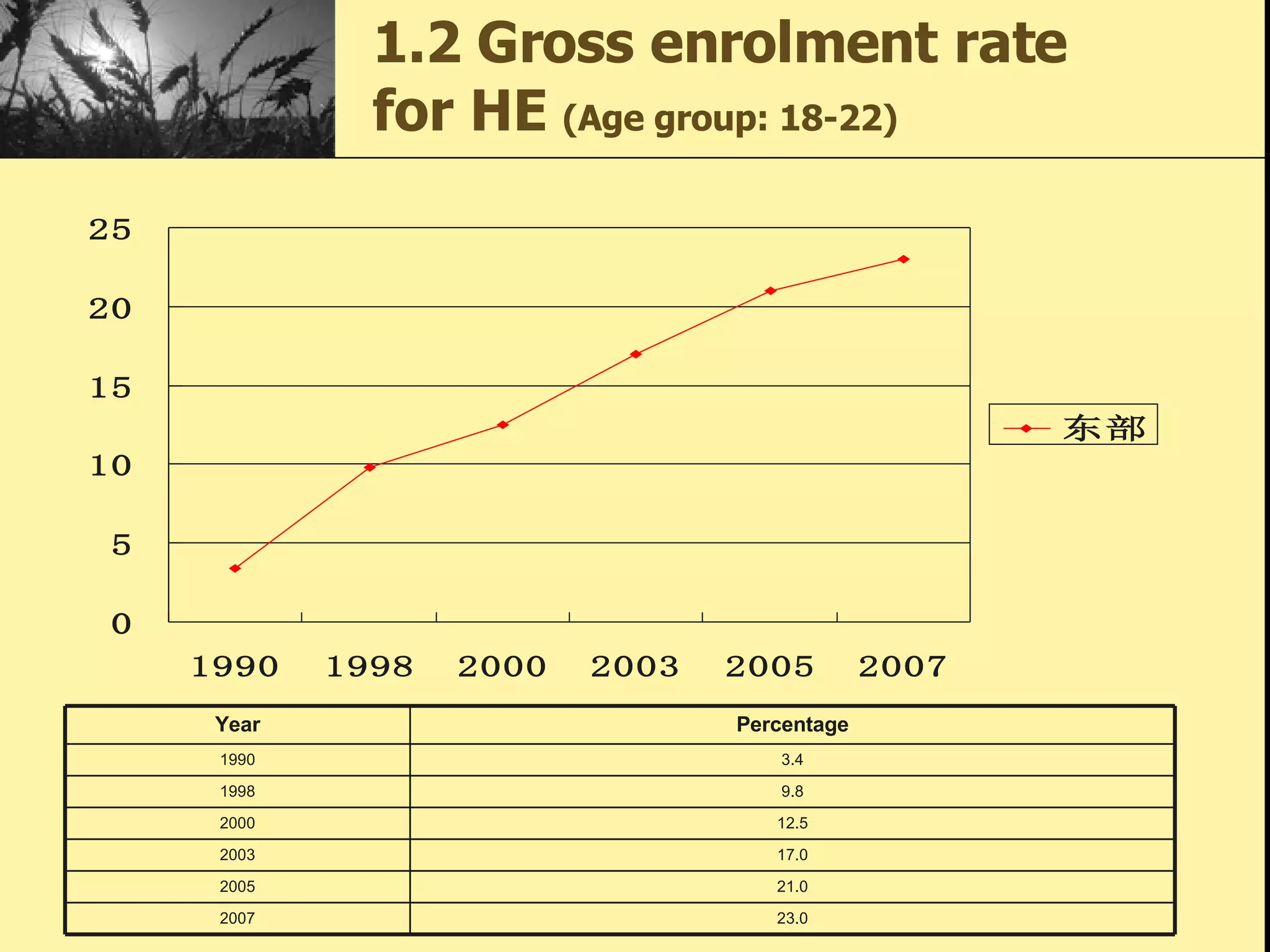 1.2 Gross enrolment rate  for HE   (Age group: 18-22) Year Percentage 1990 3.4 1998 9.8 2000 12.5 2003 17.0 2005 21.0 2007 23.0 