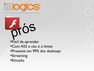 prós Fácil de aprender Com AS3 o céu é o limite Presente em 99% dos desktops Streaming Emoção 