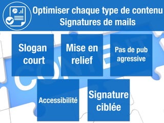 Optimiser chaque type de contenu
Signatures de mails
Slogan
court
Mise en
relief
Pas de pub
agressive
Accessibilité
Signature
ciblée
 