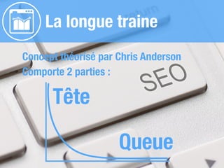 La longue traine
Concept théorisé par Chris Anderson
Comporte 2 parties :
Tête
Queue
 
