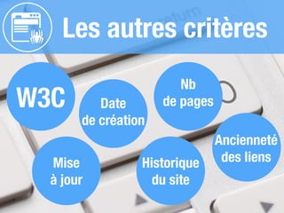 Les autres critères
W3C Date
de création
Nb
de pages
Mise
à jour
Historique
du site
Ancienneté
des liens
 