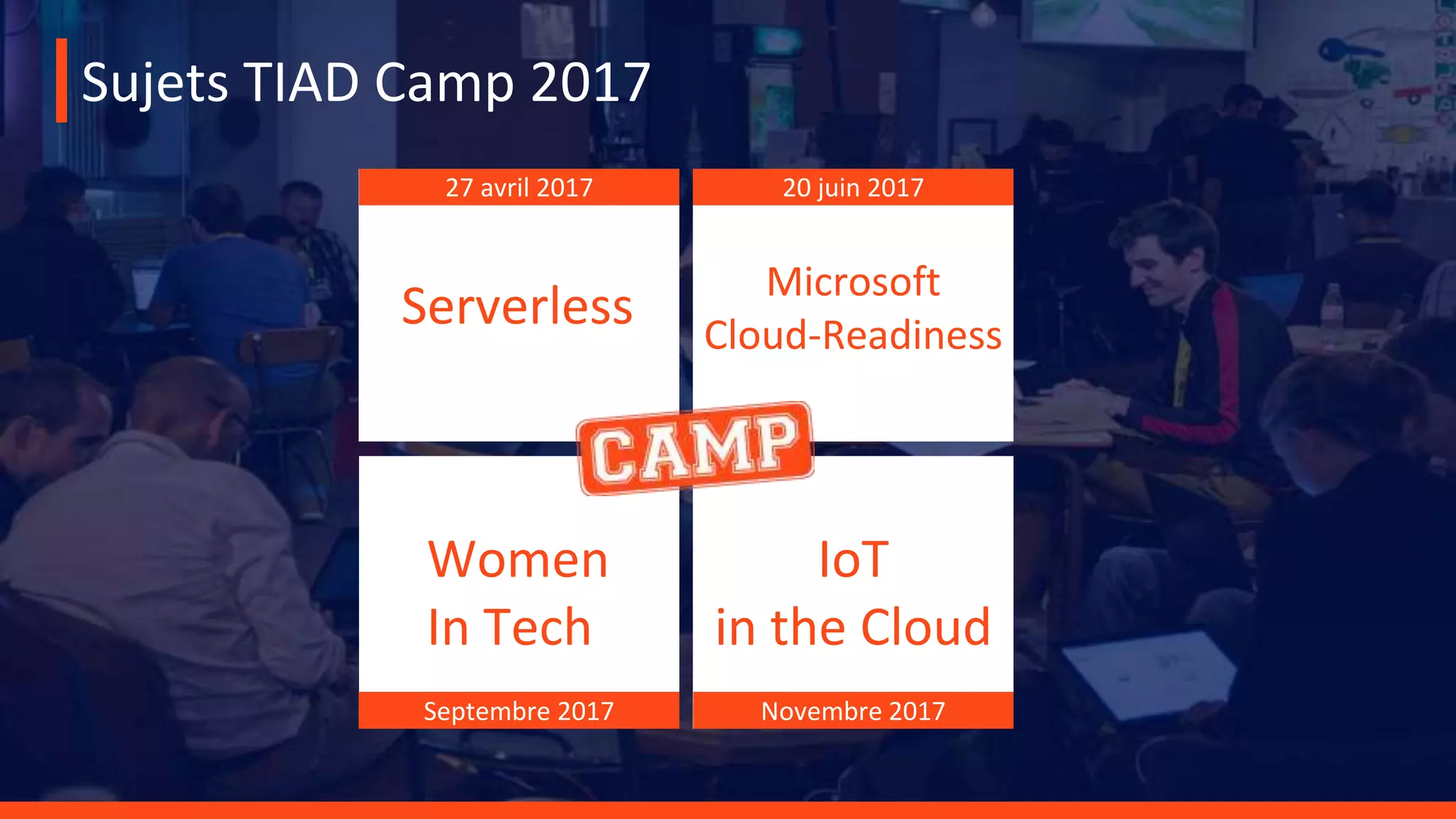 Sujets TIAD Camp 2017
Serverless Microsoft
Cloud-Readiness
Women
In Tech
IoT
in the Cloud
20 juin 201727 avril 2017
Septembre 2017 Novembre 2017
 