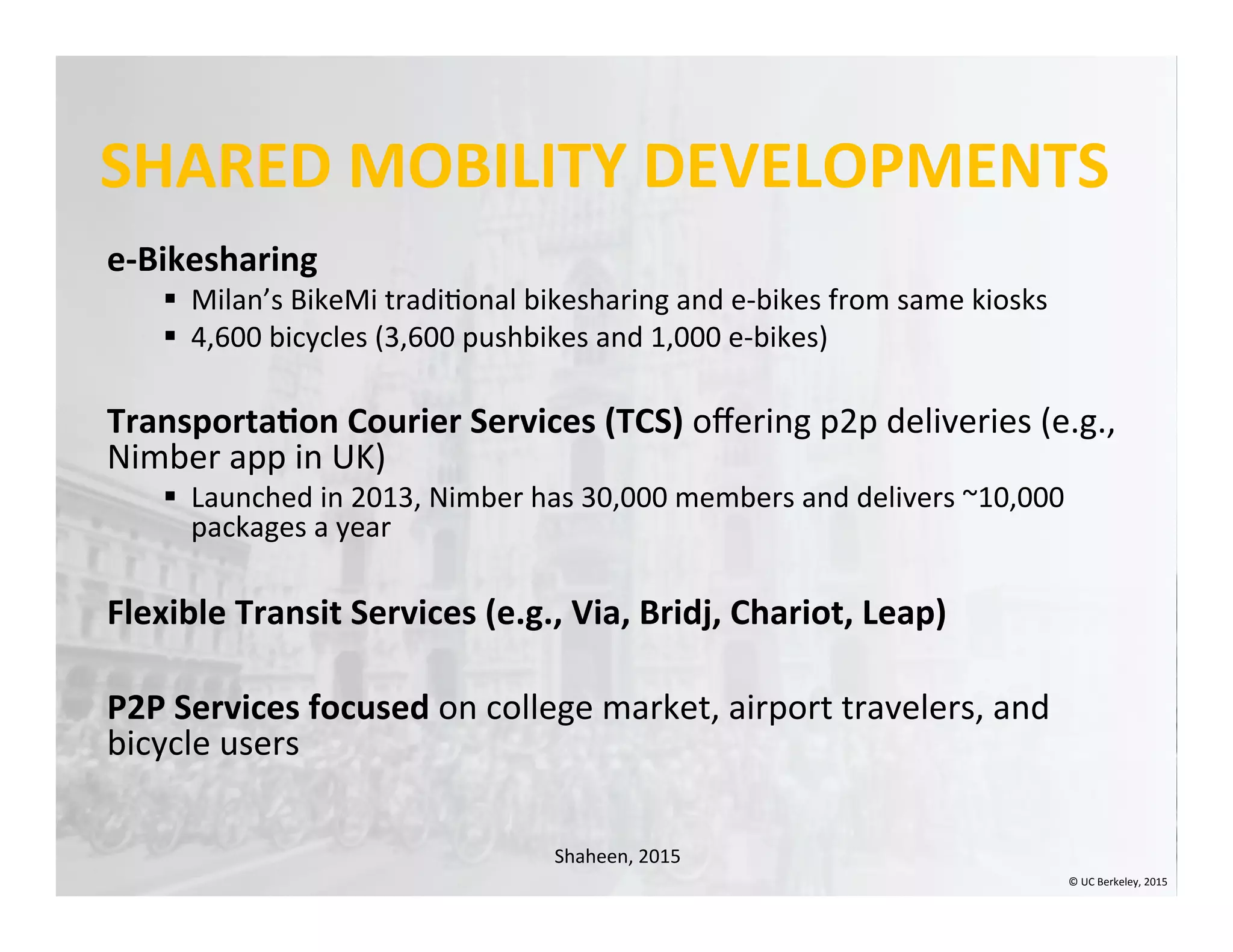 SHARED	
  MOBILITY	
  DEVELOPMENTS	
  
e-­‐Bikesharing	
  
§  Milan’s	
  BikeMi	
  tradi0onal	
  bikesharing	
  and	
  e-­‐bikes	
  from	
  same	
  kiosks	
  
§  4,600	
  bicycles	
  (3,600	
  pushbikes	
  and	
  1,000	
  e-­‐bikes)	
  
TransportaWon	
  Courier	
  Services	
  (TCS)	
  oﬀering	
  p2p	
  deliveries	
  (e.g.,	
  
Nimber	
  app	
  in	
  UK)	
  	
  
§  Launched	
  in	
  2013,	
  Nimber	
  has	
  30,000	
  members	
  and	
  delivers	
  ~10,000	
  
packages	
  a	
  year	
  
Flexible	
  Transit	
  Services	
  (e.g.,	
  Via,	
  Bridj,	
  Chariot,	
  Leap)	
  
P2P	
  Services	
  focused	
  on	
  college	
  market,	
  airport	
  travelers,	
  and	
  
bicycle	
  users	
  
	
  
©	
  UC	
  Berkeley,	
  2015	
  
Shaheen,	
  2015	
  
 