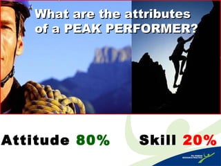 What are the attributesWhat are the attributes
of a PEAK PERFORMER?of a PEAK PERFORMER?
Attitude 80% Skill 20%
 