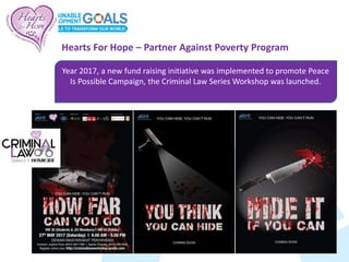 Year 2017, a new fund raising initiative was implemented to promote Peace
Is Possible Campaign, the Criminal Law Series Workshop was launched.
Hearts For Hope – Partner Against Poverty Program
 