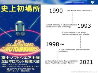 © 2020 FUJISOFT INCORPORATED. All rights reserved.
1998～
1993
First Robot Sumo Tournament
Support ministry of Education Cu...
