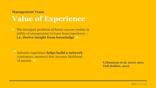 Ucbasaran et al. 2010; 2011
Toft-Kehler, 2010
The strongest predictor of future success resides in
ability of entrepreneur...