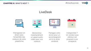 23!
CHAPITRE IV. WHAT’S NEXT ?
LiveDesk
Interagissez en
direct avec
l’ensemble des
visiteurs de votre
plateforme!
Déclenchez
instantanément
un appel audio-
vidéo avec vos
visiteurs!
Partagez votre
écran pour un
accompagnem
ent à la vente
amélioré!
Indisponible ?
Un rendez-vous
ultérieur est
proposé à vos
prospects!
#VisioKeynote!
 