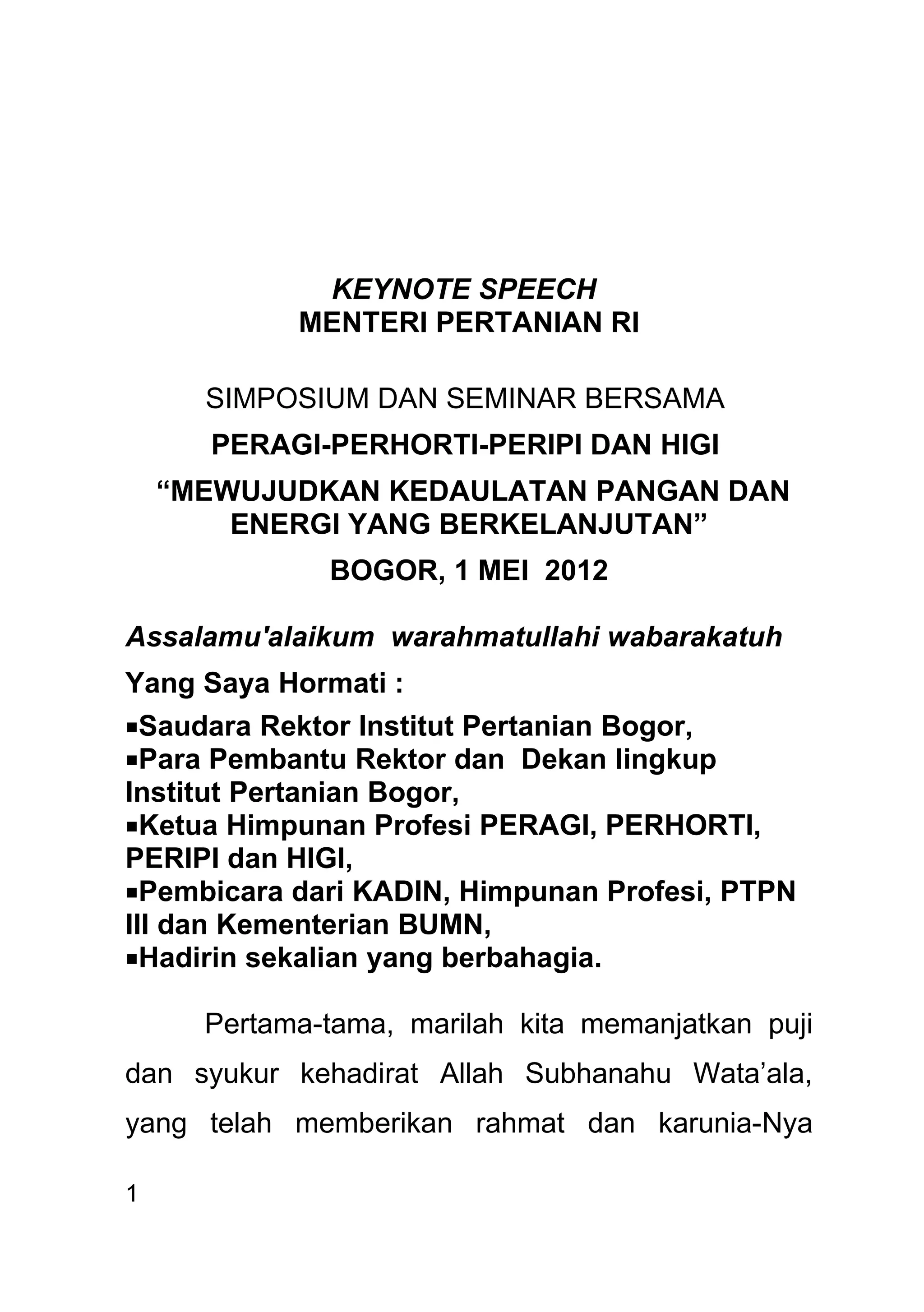 Keynote speech menteri pertanian dalam seminar keadulatan pangan | DOC