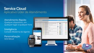 Atendimento Rápido
Qualquer dispositivo, em
qualquer lugar a qualquer hora
Inteligência
Console Moderna do Agente
Personalização
SOS Móvel
Service Cloud
Aplicativo Líder de Atendimento
 