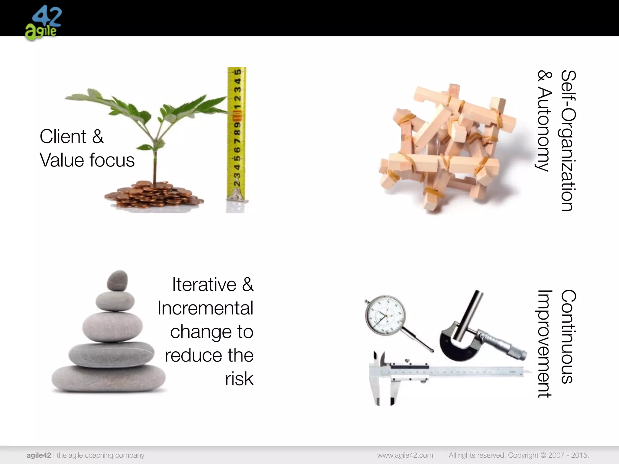 agile42 | the agile coaching company www.agile42.com | All rights reserved. Copyright © 2007 - 2015.
Client &
Value focus
Self-Organization
&Autonomy
Iterative &
Incremental
change to
reduce the
risk
Continuous
Improvement
 