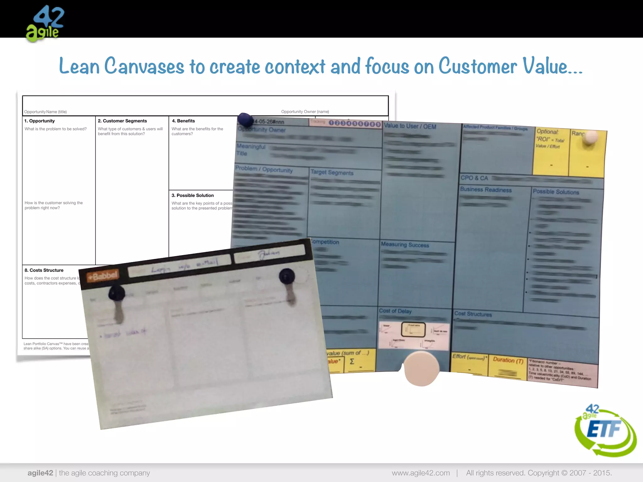 agile42 | the agile coaching company www.agile42.com | All rights reserved. Copyright © 2007 - 2015.
Lean Canvases to create context and focus on Customer Value…
Lean Portfolio Canvas™ have been created by agile42 and are licensed using Creative Common 3.0 with attribution (BY), non commercial usage (NC) and
share alike (SA) options. You can reuse and modify the template, but you will always have to leave the logo on it.
OpportunityName (title)
1. Opportunity 2. Customer Segments
What is the problem to be solved? What type of customers & users will
beneﬁt from this solution?
How is the customer solving the
problem right now?
3. Possible Solution
What are the key points of a possible
solution to the presented problem?
4. Beneﬁts
What are the beneﬁts for the
customers?
6. Measuring Success
What metrics will be best measure the
success of the feature?
5. Business Readiness
What steps are required from the
business side to be able to use this
capability?
7. Cost of Delay
Which proﬁle better represent the cost
of delay (CoD)?
8. Costs Structure
How does the cost structure look like for such a feature? One time, ongoing
costs, contractors expenses, development costs?
9. Value to Customer and Business
What are the expected incremental revenue for selling this feature, and what are
the strategic and tactical beneﬁt? What are the intangible values (usability,
performance, customer knowledge obtained...)
Opportunity Owner (name)
 
