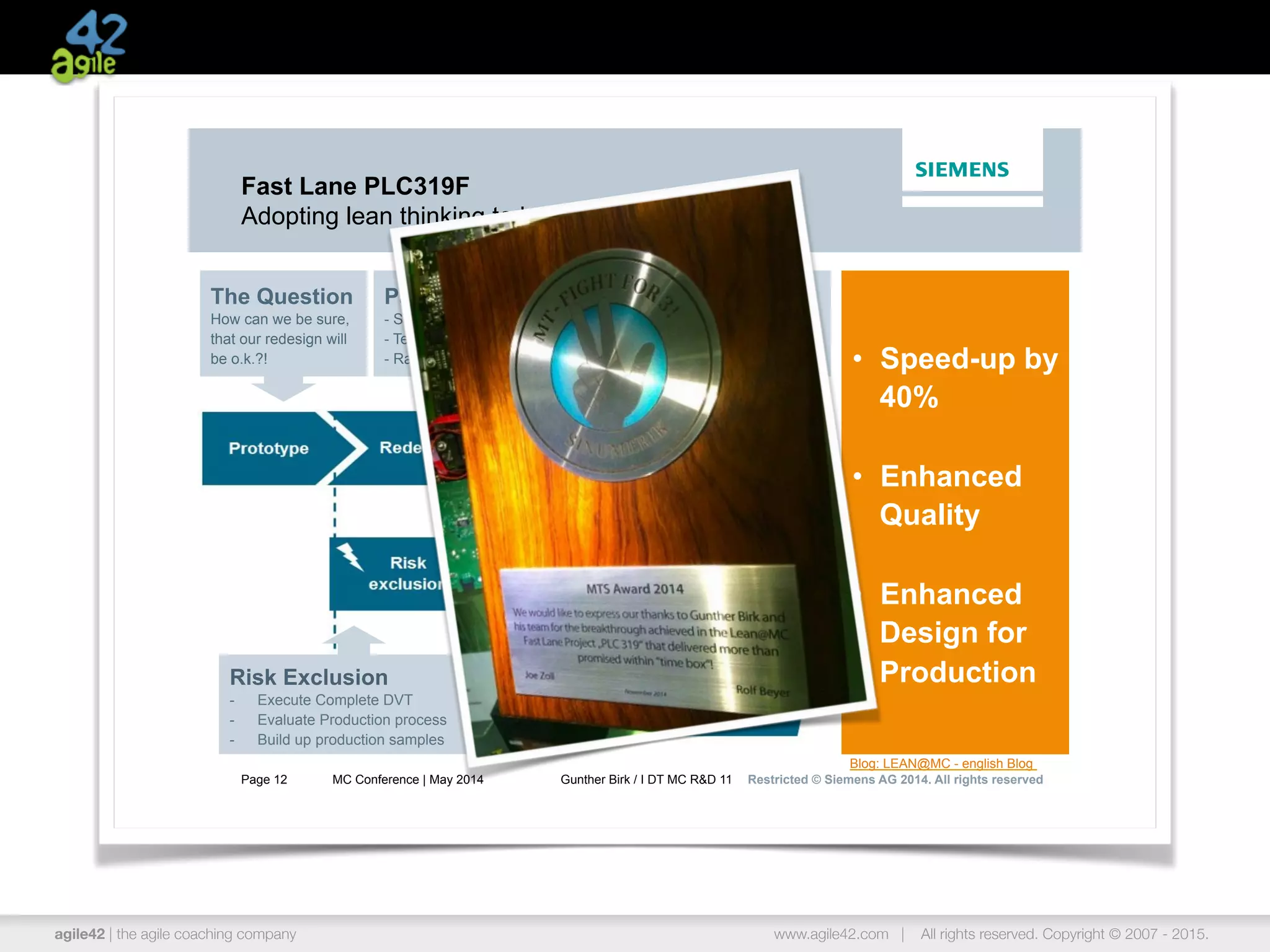 agile42 | the agile coaching company www.agile42.com | All rights reserved. Copyright © 2007 - 2015.
Page 12 MC Conference | May 2014 Gunther Birk / I DT MC R&D 11 Restricted © Siemens AG 2014. All rights reserved
Fast Lane PLC319F
Adopting lean thinking to hardware development
The Question
How can we be sure,
that our redesign will
be o.k.?!
Parallel Sourcing
- Serial material
- Testing Equipment
- Rapid Prototypes
Parallel Qualification
- Typetest
- Loadtest
Risk Exclusion
-  Execute Complete DVT
-  Evaluate Production process
-  Build up production samples
•  Speed-up by
40%
•  Enhanced
Quality
•  Enhanced
Design for
Production
Blog: LEAN@MC - english Blog
 