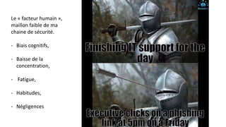 Le « facteur humain »,
maillon faible de ma
chaine de sécurité.
- Biais cognitifs,
- Baisse de la
concentration,
- Fatigue,
- Habitudes,
- Négligences
 