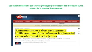 Les expérimentations par Leurres (Honeypot) fournissent des métriques sur le
niveau de la menace Ransomware
 