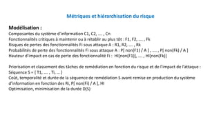 Métriques et hiérarchisation du risque
Modélisation :
Composantes du système d’information C1, C2, …. , Cn
Fonctionnalités critiques à maintenir ou à rétablir au plus tôt : F1, F2, …. , Fk
Risques de pertes des fonctionnalités Fi sous attaque A : R1, R2, …. , Rk
Probabilités de perte des fonctionnalités Fi sous attaque A : P[ non(F1) / A ] , .... , P[ non(Fk) / A ]
Hauteur d’impact en cas de perte des fonctionnalité Fi : HI[non(F1)], …. , HI[non(Fk)]
Priorisation et classement des tâches de remédiation en fonction du risque et de l’impact de l’attaque :
Séquence S = { T1, …. , Ti, … }
Coût, temporalité et durée de la séquence de remédiation S avant remise en production du système
d’information en fonction des Ri, P[ non(Fi) / A ], HI
Optimisation, minimisation de la durée D(S)
 