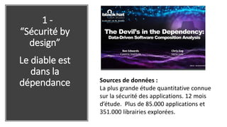 1 -
“Sécurité by
design”
Le diable est
dans la
dépendance Sources de données :
La plus grande étude quantitative connue
sur la sécurité des applications. 12 mois
d’étude. Plus de 85.000 applications et
351.000 librairies explorées.
 