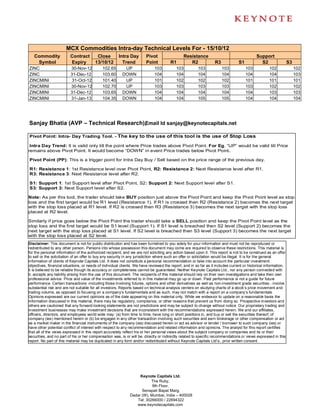 MCX Commodities Intra-day Technical Levels For - 15/10/12
   Commodity             Contract        Close         Intra Day        Pivot                  Resistance                                   Support
    Symbol               Expiry         13/10/12         Trend          Point          R1         R2              R3             S1           S2                 S3
ZINC                     30-Nov-12           102.65       UP                 103          103           103            103            103          102                102
ZINC                     31-Dec-12           103.60      DOWN                104          104           104            104            104          104                103
ZINCMINI                  31-Oct-12          101.40       UP                 101          102           102            102            101          101                101
ZINCMINI                 30-Nov-12           102.70       UP                 103          103           103            103            103          102                102
ZINCMINI                 31-Dec-12           103.65      DOWN                104          104           104            104            104          103                103
ZINCMINI                 31-Jan-13           104.35      DOWN                104          104           105            105            104          104                104




Sanjay Bhatia (AVP – Technical Research),
                                        Email Id sanjay@keynotecapitals.net

Pivot Point: Intra- Day Trading Tool. - The key to the use of this tool is the use of Stop Loss

 Intra Day Trend: It is valid only till the point where Price trades above Pivot Point. For Eg. “UP” would be valid till Price
remains above Pivot Point. It would become “DOWN” in event Price trades below Pivot Point.

Pivot Point (PP): This is a trigger point for Intra Day Buy / Sell based on the price range of the previous day.

R1: Resistance 1: 1st Resistance level over Pivot Point, R2: Resistance 2: Next Resistance level after R1.
R3: Resistance 3: Next Resistance level after R2.

S1: Support 1: 1st Support level after Pivot Point, S2: Support 2: Next Support level after S1.
S3: Support 3: Next Support level after S2.

Note: As per this tool, the trader should take BUY position just above the Pivot Point and keep the Pivot Point level as stop
loss and the first target would be R1 level (Resistance 1). If R1 is crossed then R2 (Resistance 2) becomes the next target
with the stop loss placed at R1 level. If R2 is crossed then R3 (Resistance 3) becomes the next target with the stop loss
placed at R2 level.

Similarly if price goes below the Pivot Point the trader should take a SELL position and keep the Pivot Point level as the
stop loss and the first target would be S1 level (Support 1). If S1 level is breached then S2 level (Support 2) becomes the
next target with the stop loss placed at S1 level. If S2 level is breached then S3 level (Support 3) becomes the next target
with the stop loss placed at S2 level.
Disclaimer: This document is not for public distribution and has been furnished to you solely for your information and must not be reproduced or
redistributed to any other person. Persons into whose possession this document may come are required to observe these restrictions. This material is
for the personal information of the authorized recipient, and we are not soliciting any action based upon it. This report is not to be construed as an offer
to sell or the solicitation of an offer to buy any security in any jurisdiction where such an offer or solicitation would be illegal. It is for the general
information of clients of Keynote Capitals Ltd. It does not constitute a personal recommendation or take into account the particular investment
objectives, financial situations, or needs of individual clients. We have reviewed the report, and in so far as it includes current or historical information,
it is believed to be reliable though its accuracy or completeness cannot be guaranteed. Neither Keynote Capitals Ltd., nor any person connected with
it, accepts any liability arising from the use of this document. The recipients of this material should rely on their own investigations and take their own
professional advice. Price and value of the investments referred to in this material may go up or down. Past performance is not a guide for future
performance. Certain transactions -including those involving futures, options and other derivatives as well as non-investment grade securities - involve
substantial risk and are not suitable for all investors. Reports based on technical analysis centers on studying charts of a stock’s price movement and
trading volume, as opposed to focusing on a company’s fundamentals and as such, may not match with a report on a company’s fundamentals.
Opinions expressed are our current opinions as of the date appearing on this material only. While we endeavor to update on a reasonable basis the
information discussed in this material, there may be regulatory, compliance, or other reasons that prevent us from doing so. Prospective investors and
others are cautioned that any forward-looking statements are not predictions and may be subject to change without notice. Our proprietary trading and
investment businesses may make investment decisions that are inconsistent with the recommendations expressed herein. We and our affiliates,
officers, directors, and employees world wide may: (a) from time to time, have long or short positions in, and buy or sell the securities thereof, of
company (ies) mentioned herein or (b) be engaged in any other transaction involving such securities and earn brokerage or other compensation or act
as a market maker in the financial instruments of the company (ies) discussed herein or act as advisor or lender / borrower to such company (ies) or
have other potential conflict of interest with respect to any recommendation and related information and opinions. The analyst for this report certifies
that all of the views expressed in this report accurately reflect his or her personal views about the subject company or companies and its or their
securities, and no part of his or her compensation was, is or will be, directly or indirectly related to specific recommendations or views expressed in this
report. No part of this material may be duplicated in any form and/or redistributed without Keynote Capitals Ltd’s., prior written consent.




                                                                   Keynote Capitals Ltd.
                                                                         The Ruby,
                                                                          9th Floor,
                                                                    Senapati Bapat Marg,
                                                              Dadar (W), Mumbai, India – 400028
                                                                 Tel: 30266000 / 22694322
                                                                 www.keynotecapitals.com
 