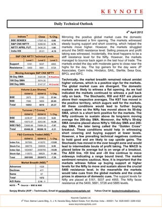 Daily Technical Outlook

                                                                                                                           4th April 2012
         Indices *             Close          % Chg.      Mirroring the positive global market cues the domestic
 BSE SENSEX                   17597.42          0.68      markets witnessed a firm opening. The markets witnessed
 S&P CNX NIFTY                5358.50           0.76      steady buying support and short covering, which helped the
 NIFTY APRIL FUT.             5436.20           1.60      markets move higher. However, the markets struggled
 India VIX                     20.01           -4.16      around the 5400 resistance level. Selling pressure and profit
                                                          taking was witnessed. Incidentally, this level happens to be a
        S&P CNX NIFTY Technical Levels                    stiff resistance level for the Nifty. However, the markets
                    Level 1   Level 2         Level 3     managed to bounce back again in the last hour of trade. The
Support              5161      5037            4955       markets ended the day with moderate gains to close near the
Resistance           5400      5681            5728       highs for the day. The top gainers for the day were JP
                                                          Associates, Cairn India, Hindalco, SAIL, Sterlite, Sesa Goa,
        Moving Averages S&P CNX NIFTY                     BPCL and IDFC.
50 Day SMA                    5324.96        ◄ Positive
100 Day SMA                   5074.35                     Technically, the market breadth remained robust amidst
200 Day SMA                   5147.37        ◄ Crucial
                                                          higher volumes, which is a positive sign for the markets.
                                                          The global market cues are divergent. The domestic
             Volume (Lacs Shares)        *                markets are likely to witness a flat opening. As we had
                   03/04/12   02/04/12        % Chg.      indicated the markets continued to witness a pull back
BSE                 2973       2160            37.64      rally on back. The Stochastic, RSI and KST are placed
NSE                 7080       5859            20.85
                                                          above their respective averages. The KST has moved in
                                                          the positive territory, which augurs well for the markets.
Total               10053      8019            25.37
                                                          All these conditions would lead to further buying
             Turnover ( ` Crores)        *                support. More so the Nifty has moved above its 50-day
                   03/04/12   02/04/12        % Chg.
                                                          SMA, which is a short term positive for the markets. The
                                                          Nifty continues to sustain above its long-term moving
BSE                2238.97    2049.98           9.22
                                                          average the 200-day SMA. Moreover, the Nifty’s 50-day
NSE                10573.57   9253.96          14.26
                                                          SMA remains placed above Nifty’s 100-day SMA and 200-
NSE F&O            72685.66   78984.25         -7.97      day SMA, the later being called the “Golden Cross”
Total              85498.20   90288.19         -5.31      breakout. These conditions would help in witnessing
                                                          short covering and buying support at lower levels.
         F&O Contracts Traded (NSE)            *
                                                          However, a few prevailing technical negatives continue
                   03/04/12   02/04/12        % Chg.
                                                          to hold good and are likely to cap upside gains. The
Index Fut.         357593     415070           -13.85     Stochastic has moved in the over bought zone and would
Stock Fut.         388776     358009            8.59      lead to intermediate bouts of profit taking. The MACD is
Index Opt.         1834567    2058765          -10.89     placed below its average but is on verge of a breakout.
Stock Opt.         110073      98629           11.60      The ADX line, +DI line and –DI line continue to move
Total              2691009    2930473          -7.26      sideways indicating a range bound trend. The market
                                                          sentiment remains cautious. Now, it is important that the
             Market Breadth (NSE) *                       markets witness follow up buying support at higher
Advances                       1028                       levels for the Nifty to move and sustain above the crucial
Declines                        477                       5400 resistance level. In the meanwhile the markets
Same                             67                       would take cues from the global markets and the crude
Total                          1572
                                                          prices in absence of domestic cues. The support levels for
                                                          Nifty are placed at 5161, 5037 and 4955. The Nifty faces
A/D Ratio                     2.16 : 1
                                                          resistance at the 5400, 5681, 5728 and 5885 levels.
NOTE -   *- Source – BSE & NSE
Sanjay Bhatia (AVP – Technicals), Email Id sanjay@keynotecapitals.net                    Yahoo Chat Id: keytechnicals@yahoo.in

                                                                 Keynote Capitals Ltd.
              th
             4 Floor, Balmer Lawrie Bldg., 5, J. N. Heredia Marg, Ballard Estate, Fort, Mumbai, India – 400001. Tel: 3026 6000 / 2269 4322
                                                               www.keynotecapitals.com
 