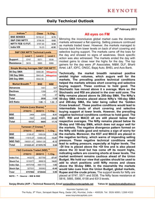 Daily Technical Outlook

                                                                                                            28th February 2013
         Indices *             Close           % Chg.                                All eyes on FM
 BSE SENSEX                    19152.41              0.72
 S&P CNX NIFTY                  5796.90              0.62
                                                               Mirroring the inconclusive global market cues the domestic
                                                               markets witnessed a flat opening. Selling pressure continued
 NIFTY FEB 13 FUT.              5797.90              0.54
                                                               as markets traded lower. However, the markets managed to
 India VIX                        16.23              -6.50
                                                               bounce back from lower levels on back of short covering and
        S&P CNX NIFTY Technical Levels                         selective buying support. The markets came off the lows for
                 Level 1       Level 2         Level 3         the day and showed no signs of weakness. Stock specific
Support           5747          5571            5538
                                                               action was also witnessed. The markets ended the day with
                                                               modest gains to close near the highs for the day. The top
Resistance        5816          5885            5966
                                                               gainers for the day were JP Associates, M&M, DLF, Bharti
 Simple Moving Averages S&P CNX NIFTY                          Airtel, L&T, IDFC, ONGC, Bajaj Auto, BHEL and Axis Bank.
50 Day SMA                     5956.98        ◄Negative
                                                               Technically, the market breadth remained positive
100 Day SMA                    5843.45        ◄Negative
                                                               amidst higher volumes, which augurs well for the
200 Day SMA                    5542.56                         markets. The prevailing positive technical conditions
   Market Breadth *             BSE             NSE
                                                               helped the markets witness short covering and selective
                                                               buying support. These continue to hold good. The
Advances                            1441                627
                                                               Stochastic has moved above it s average. More so the
Declines                            1359                474
                                                               Stochastic and RSI are placed in the over sold zone. The
Same                                 130                 37    Nifty remains placed above its 200-day SMA. The Nifty’s
Total                               2930              1138     50-day SMA remains placed above Nifty’s 100-day SMA
A/D Ratio                        1.06 : 1           1.32 : 1   and 200-day SMA, the later being called the ‘Golden
                                                               Cross breakout’. These positive conditions would lead to
             Volume (Lacs Shares)         *                    intermediate bouts of short covering and selective
               27/02/13        26/02/13        % Chg.          buying support at lower levels. However, the prevailing
BSE                    2464         2250               9.51    negative technical conditions continue to hold good. The
NSE                    7667         6355             20.65     KST, RSI and MACD all are still placed below their
Total                 10131         8605             17.74     respective averages. The Nifty remains placed below its
                                                               50-day and 100-day SMA, which does not augur well for
             Turnover ( ` Crores)         *                    the markets. The negative divergence pattern formed on
               27/02/13        26/02/13        % Chg.          the Nifty still holds good and remains a sign of worry for
BSE                  2106.87     1959.90               7.50    the markets. Moreover, the KST and MACD are placed in
NSE              11915.07       10469.34             13.81     the negative territory, which warns of impending selling
NSE F&O         199301.47 199541.55                   -0.12    pressure. These negative technical conditions would
Total           213323.41 211970.79                    0.64
                                                               lead to selling pressure, especially at higher levels. The
                                                               –DI line is placed above the +DI line and is also placed
         F&O Contracts Traded (NSE)             *              above the 33 level but has come off its recent highs,
               27/02/13        26/02/13        % Chg.          indicating sellers are covering shorts at lower levels. The
Index Fut.           443275      607790              -27.07
                                                               market sentiment remains cautious ahead of the Union
                                                               Budget. We hold our view that upsides should be used to
Stock Fut.        1016377        886818              14.61
                                                               add to short positions until Nifty moves and closes
Index Opt.        4970709       4881773                1.82
                                                               above the 50-day SMA. In the meanwhile the markets
Stock Opt.           327531      350063               -6.44    would take cues from the Union Budget, global markets,
Total             6757892       6726444                0.99    Rupee and the crude prices. The support levels for Nifty are
NOTE - * - Source – BSE & NSE                                  placed at 5747, 5571 and 5538. The Nifty faces resistance at
                                                               5816, 5885, 5966, 6158 and 6313 levels.
Sanjay Bhatia (AVP – Technical Research), Email sanjay@keynotecapitals.net                    Yahoo Id: keytechnicals@yahoo.in

                                                                    Keynote Capitals Ltd.
              The Ruby, 9th Floor, Senapati Bapat Marg, Dadar (W), Mumbai, India – 400028. Tel: 3026 6000 / 2269 4322
                                                                    www.keynotecapitals.com
 