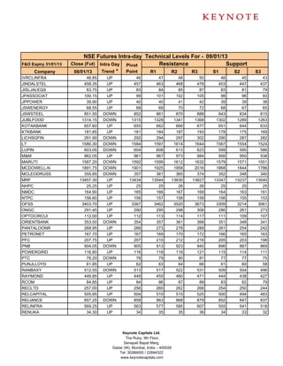 NSE Futures Intra-day Technical Levels For - 09/01/13
F&O Expiry 31/01/13   Close (Fut) Intra Day Pivot     Resistance               Support
     Company           08/01/13    Trend *  Point  R1     R2      R3      S1     S2                   S3
IVRCLINFRA                  46.85    UP           46          47         48      50      46      45      43
JINDALSTEL                 458.35    UP          457         463        468     478     453     447     437
JISLJALEQS                  83.75    UP           83          84         85      87      83      81      79
JPASSOCIAT                 100.15    UP           99         101        102     105      98      96      93
JPPOWER                     39.90    UP           40          40         41      42      39      39      38
JSWENERGY                   68.55    UP           68          69         70      72      68      67      65
JSWSTEEL                   851.50   DOWN         852         861        870     888     843     834     815
JUBLFOOD                  1314.15   DOWN        1315        1328       1341    1368    1302    1289    1263
KOTAKBANK                  657.60    UP          655         662        666     677     651     644     633
KTKBANK                    181.85    UP          181         184        187     193     178     175     169
LICHSGFIN                  291.90   DOWN         292         294        297     302     290     287     282
LT                        1580.30   DOWN        1584        1597       1614    1644    1567    1554    1524
LUPIN                      603.05   DOWN         604         608        613     623     599     595     586
M&M                        962.05    UP          961         967        973     984     956     950     938
MARUTI                    1587.20   DOWN        1592        1599       1612    1632    1579    1571    1551
MCDOWELL-N                1891.75   DOWN        1901        1925       1958    2016    1868    1844    1786
MCLEODRUSS                 355.85   DOWN         357         361        365     374     352     348     340
MRF                      13457.30    UP        13434       13544      13630   13827   13347   13237   13040
NHPC                        25.25    UP           25          25         26      26      25      25      25
NMDC                       164.90    UP          165         166        167     169     164     163     161
NTPC                       156.60    UP          156         157        158     159     156     155     153
OFSS                      3403.70    UP         3367        3462       3520    3673    3309    3214    3061
ONGC                       291.45    UP          290         295        298     306     286     281     273
OPTOCIRCUI                 112.00    UP          112         113        114     117     111     109     107
ORIENTBANK                 353.50   DOWN         354         357        361     368     351     348     341
PANTALOONR                 268.95    UP          266         273        278     289     261     254     242
PETRONET                   167.70    UP          167         169        170     172     166     165     163
PFC                        207.75    UP          207         210        212     216     205     203     198
PNB                        904.05   DOWN         905         913        923     940     896     887     869
POWERGRID                  116.80    UP          116         118        118     121     115     114     111
PTC                         78.20   DOWN          78          79         80      81      77      77      75
PUNJLLOYD                   61.85    UP           62          63         64      66      61      60      58
RANBAXY                    512.55   DOWN         513         517        522     531     509     504     496
RAYMOND                    449.85    UP          449         455        460     471     444     438     427
RCOM                        84.85    UP           84          86         87      89      83      82      79
RECLTD                     257.00    UP          256         260        262     268     254     250     244
RELCAPITAL                 505.85    UP          504         510        515     525     500     494     483
RELIANCE                   857.25   DOWN         858         863        868     879     852     847     837
RELINFRA                   569.25    UP          563         577        585     607     555     541     518
RENUKA                      34.30    UP           34          35         35      36      34      33      32



                                           Keynote Capitals Ltd.
                                             The Ruby, 9th Floor,
                                            Senapati Bapat Marg,
                                      Dadar (W), Mumbai, India – 400028
                                         Tel: 30266000 / 22694322
                                          www.keynotecapitals.com
 